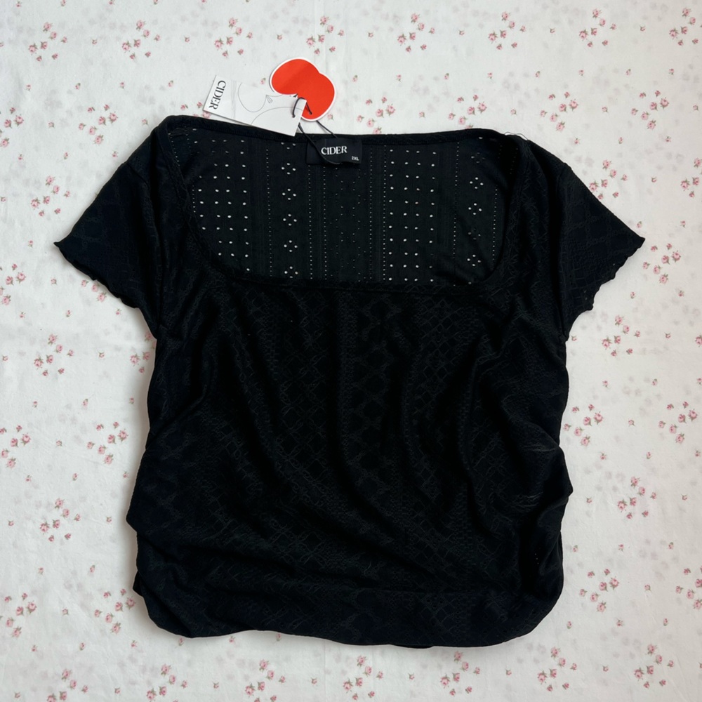 Cider Black Eyelet Square-Neck Short Sleeve Blouse NWT